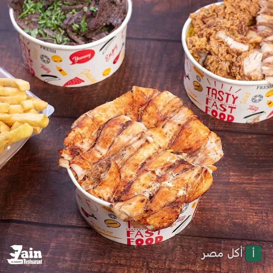 وجبات متنوعة من المأكولات الشرقية في مطعم زين الشام بإمبابة تشمل الشاورما والبطاطس المقلية.