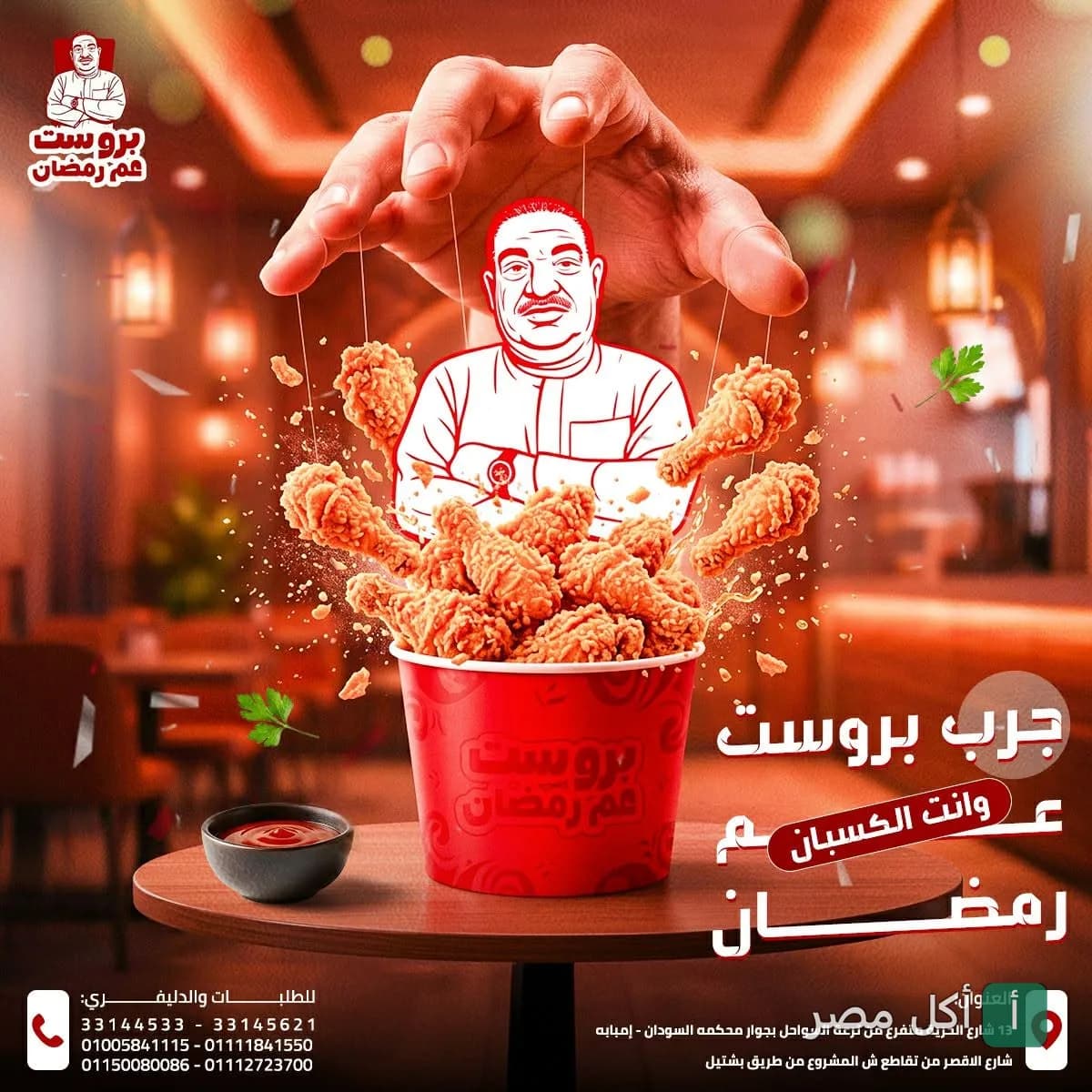 إعلان ترويجي لطبق دجاج مقلي في كبابجي الحرية بإمبابة يظهر فيه رسم كرتوني لشخصية عم رمضان.