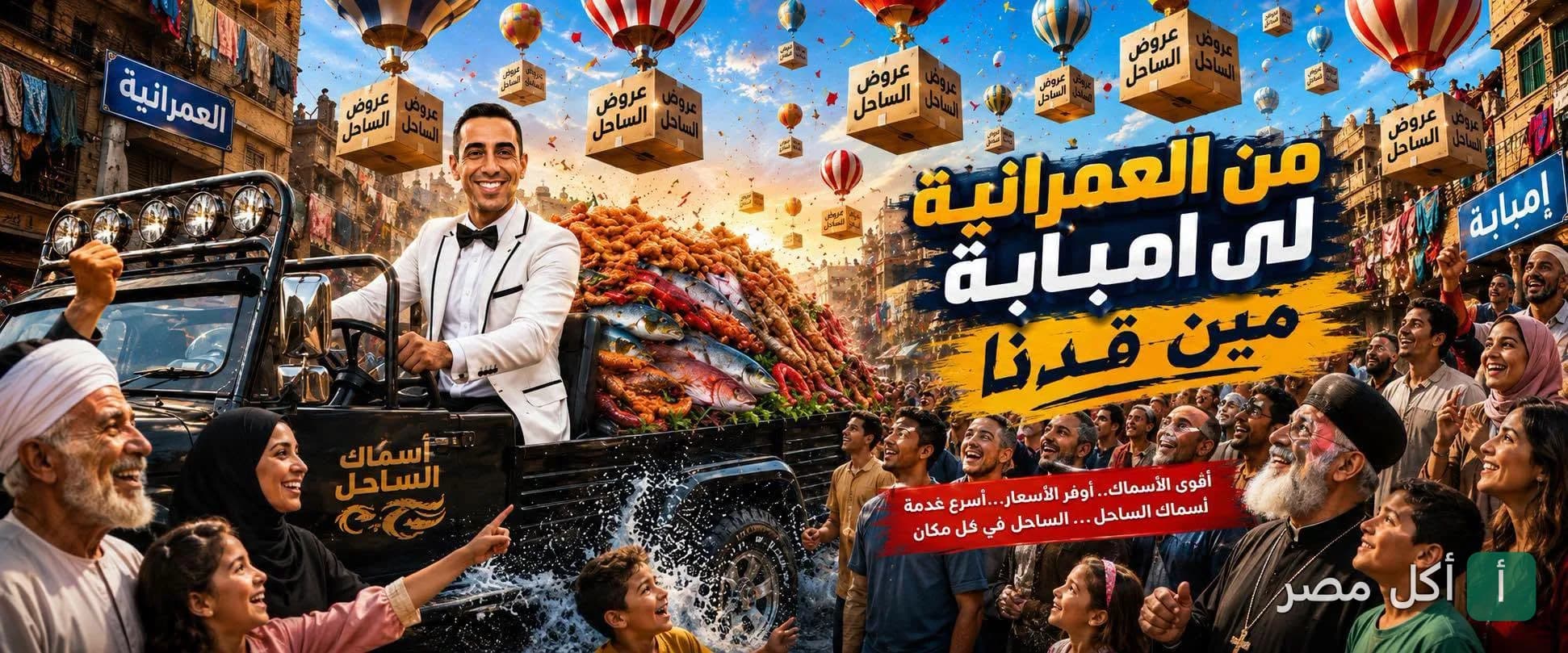 صورة غلاف إعلانية لمطعم أسماك الساحل في إمبابة، تظهر سيارة محملة بالمأكولات البحرية وسط حشد من الناس وبالونات في السماء.