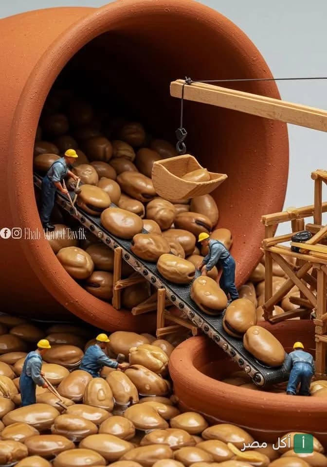 مجسم فني يظهر عمالاً مصغرين ينقلون حبات الفول المدمس من قدر فخاري كبير في مطعم فول وفلافل نيو ومبى.