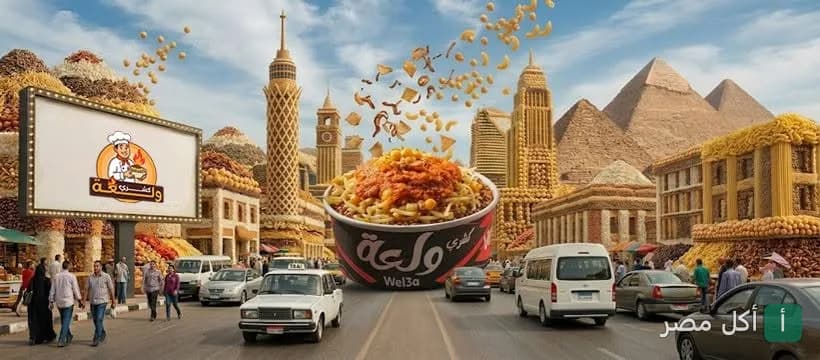 صورة إعلانية لطبق كشري ولعة في شارع مصري مع معالم سياحية مصنوعة من مكونات الكشري.