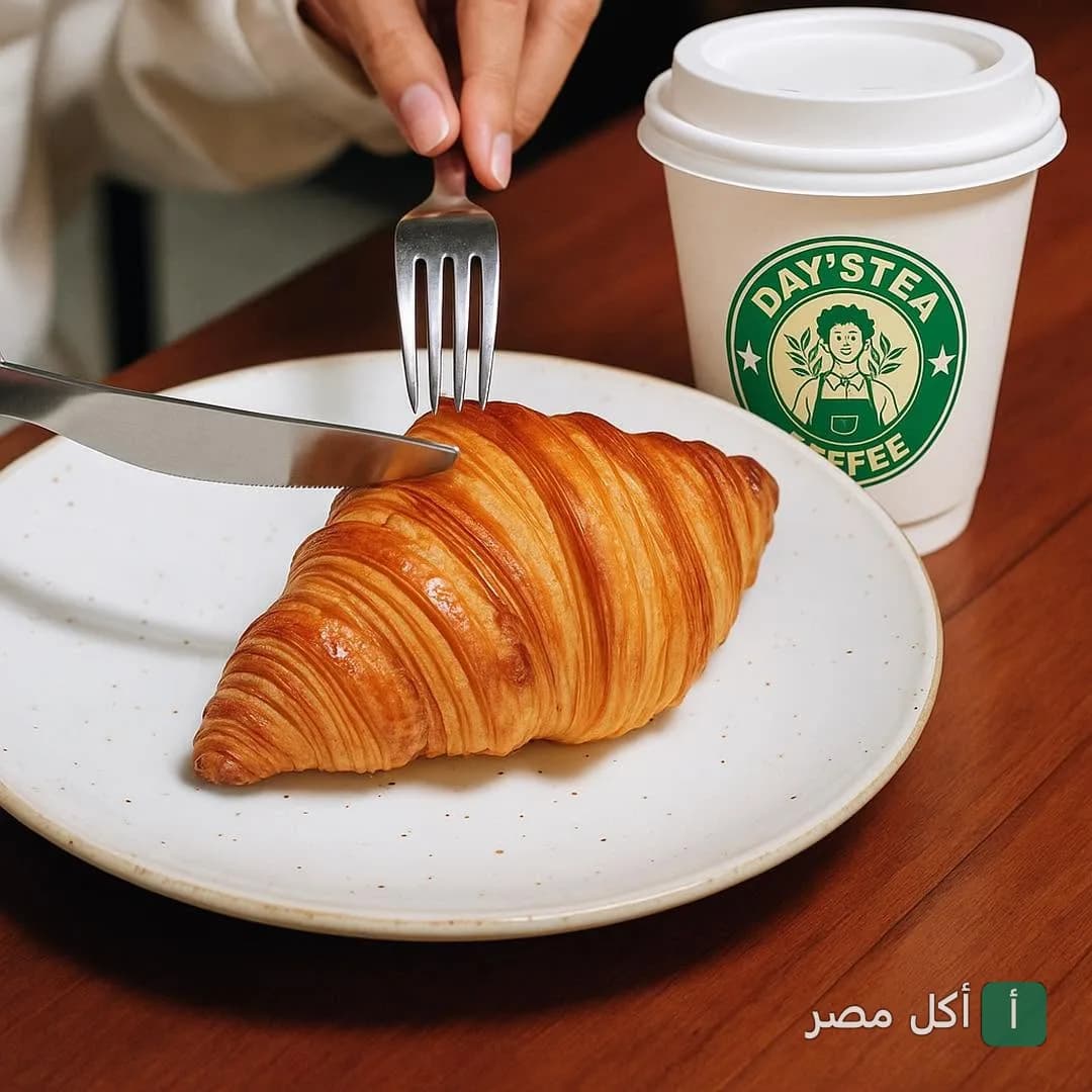 كرواسون طازج في طبق مع كوب قهوة يحمل شعار دايستا كافيه في إمبابة.