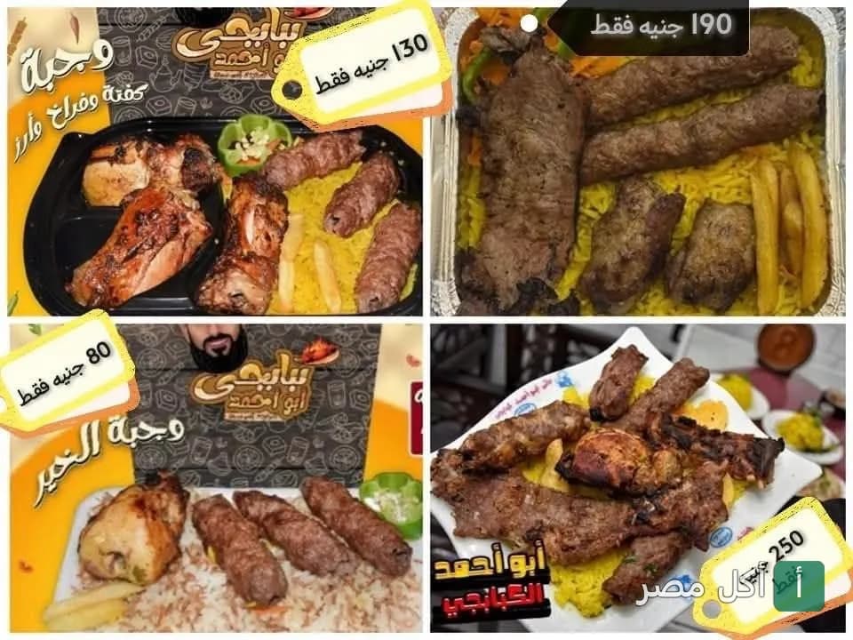 تشكيلة وجبات مشويات من مطعم ابو احمد في إمبابة تضم كفتة وفراخ مع أرز.