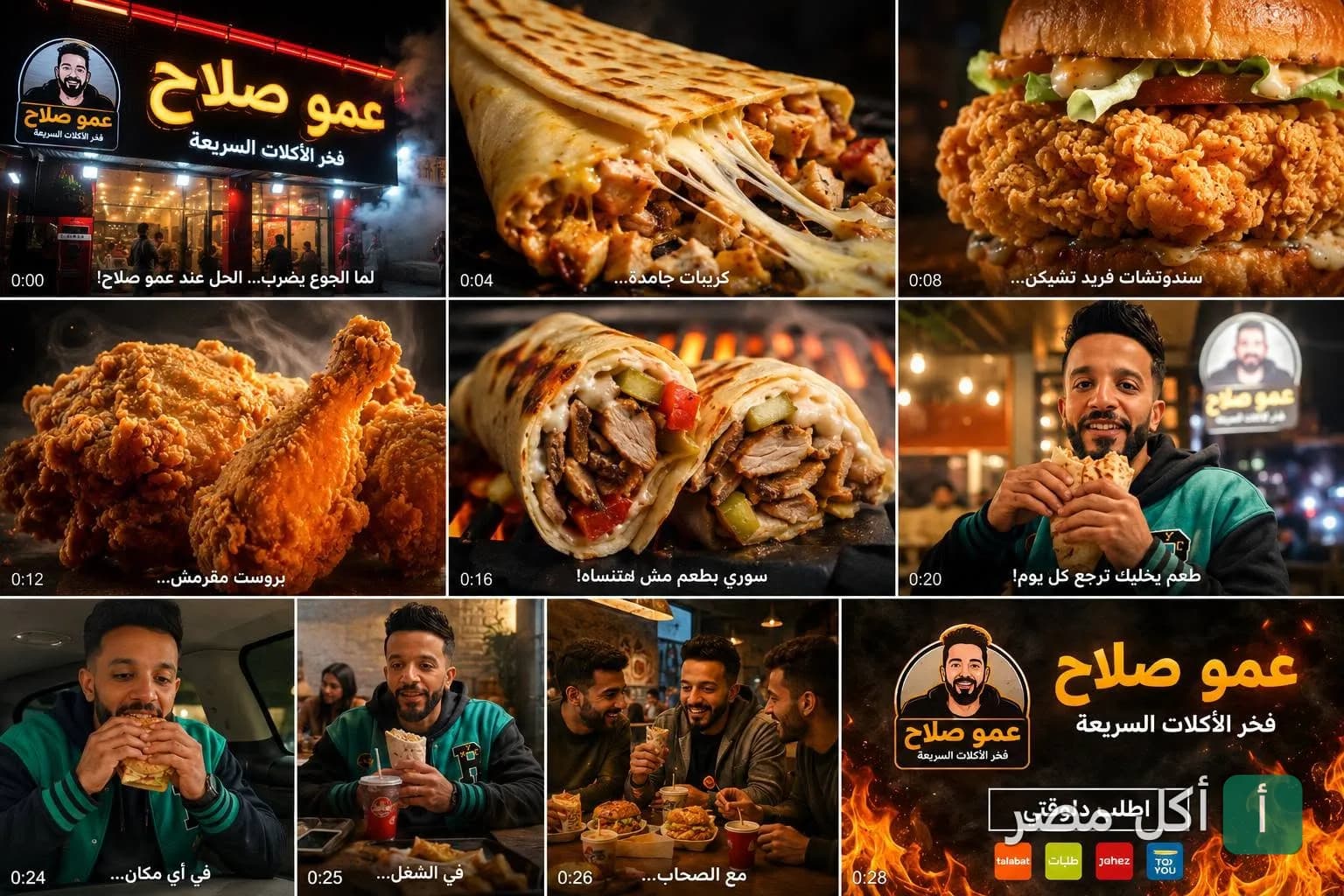 تشكيلة من وجبات مطعم عمو صلاح في إمبابة، تشمل الساندوتشات والبروست والكريب السوري.
