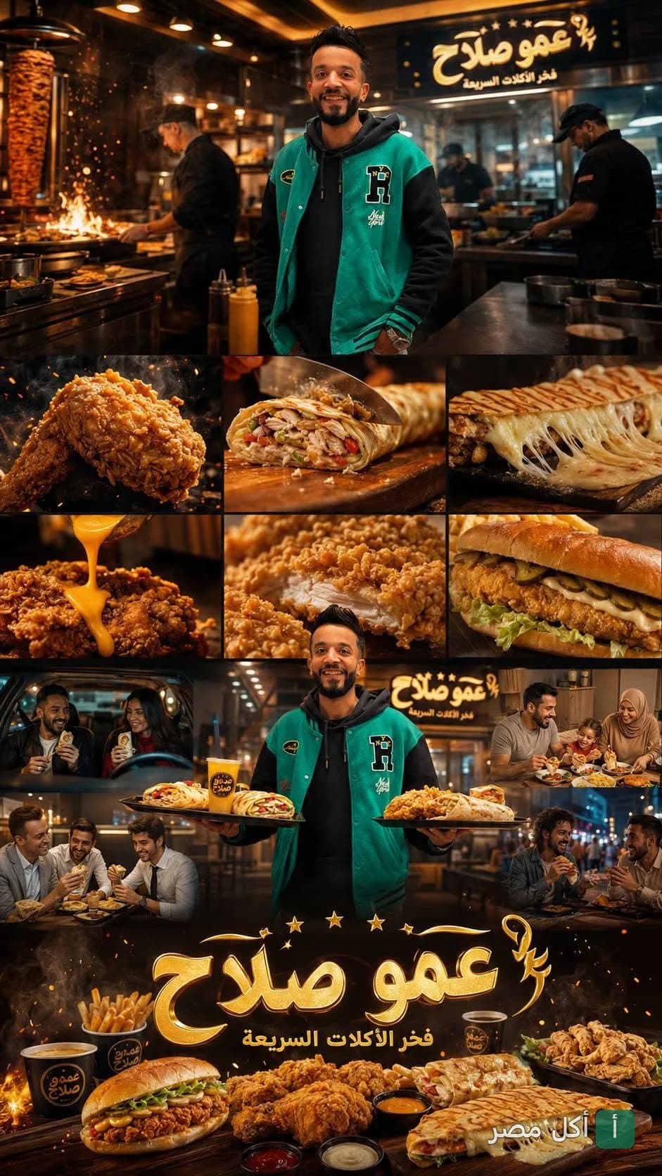 كولاج صور لمطعم عمو صلاح في إمبابة يظهر الوجبات السريعة المتنوعة وأجواء المطعم.