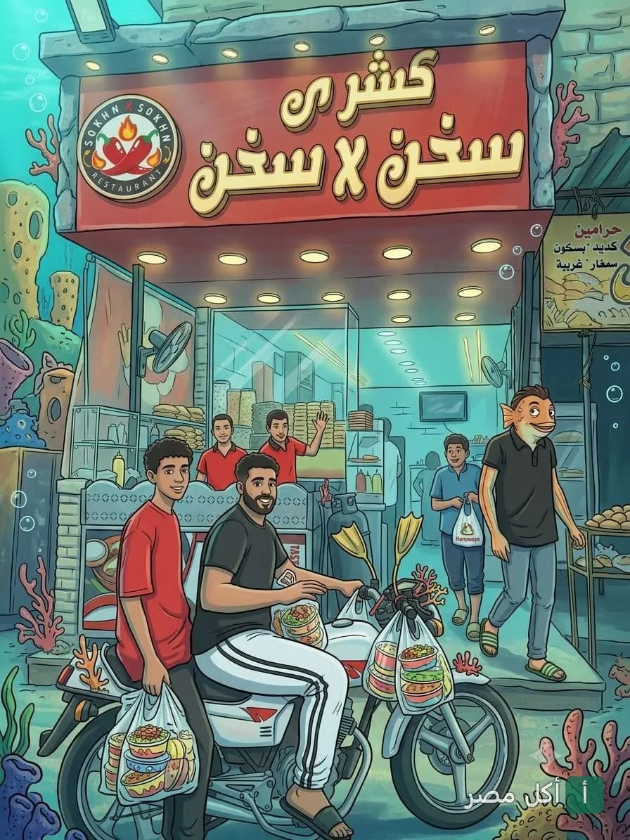 رسم كرتوني لمطعم كشري سخن في سخن في بشتيل، يظهر فيه زبائن يستلمون طلباتهم على دراجة نارية تحت الماء.