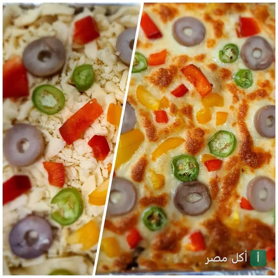 مقارنة بين بيتزا قبل وبعد التسوية في مطعم كشرى لوكس بالمنيرة في إمبابة.