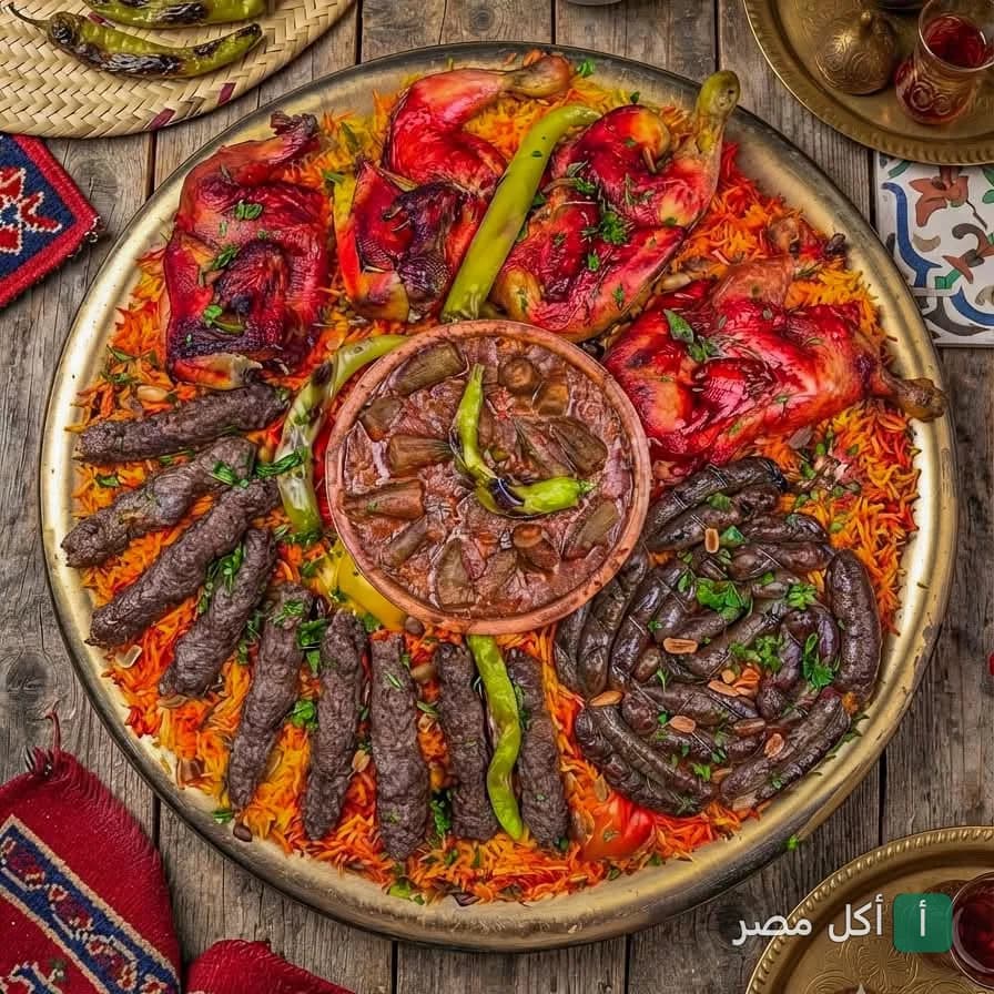 صينية مشاوي شرقية كبيرة من مطعم بيت لحم في الشيخ زايد، تحتوي على دجاج مشوي وكفتة وممبار وطاجن بامية.