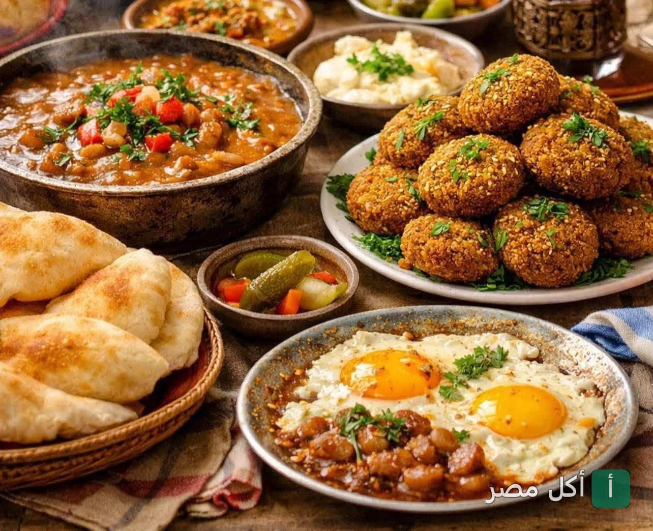 سفرة فطار مصري تقليدي من مطعم نور فول وفلافل في الشيخ زايد، تضم أطباق الفول والطعمية والبيض والعيش.