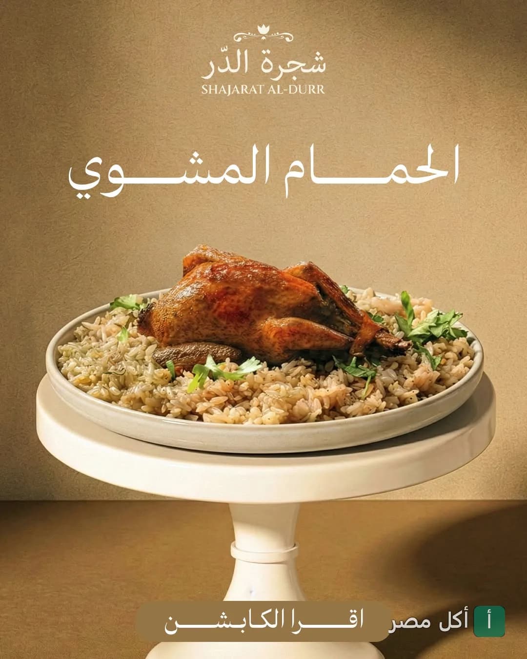 طبق حمام مشوي على أرز في مطعم شجرة الدر بالشيخ زايد.