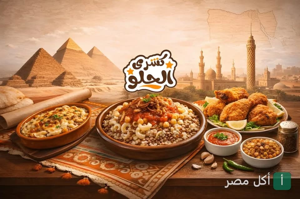 صورة غلاف مطعم كشري الحلو في الجيزة، تعرض طبق كشري مصري تقليدي مع أطباق جانبية أمام خلفية للأهرامات.