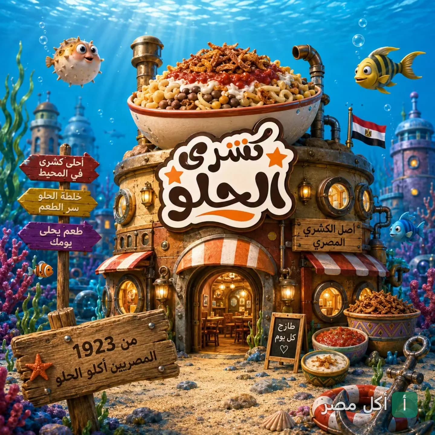 تصميم خيالي لمطعم كشري الحلو في الجيزة على شكل غواصة تحت الماء مع طبق كشري مصري كبير.