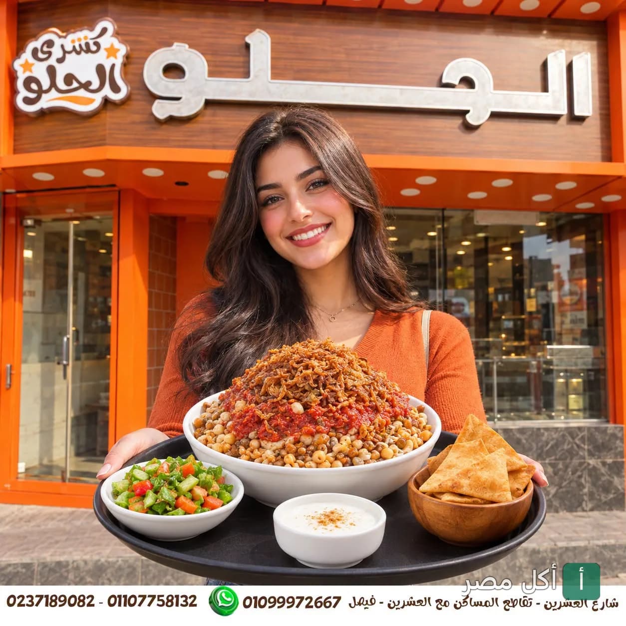 فتاة تحمل صينية بها طبق كشري مصري كبير مع مقبلات أمام واجهة مطعم كشري الحلو في الجيزة.