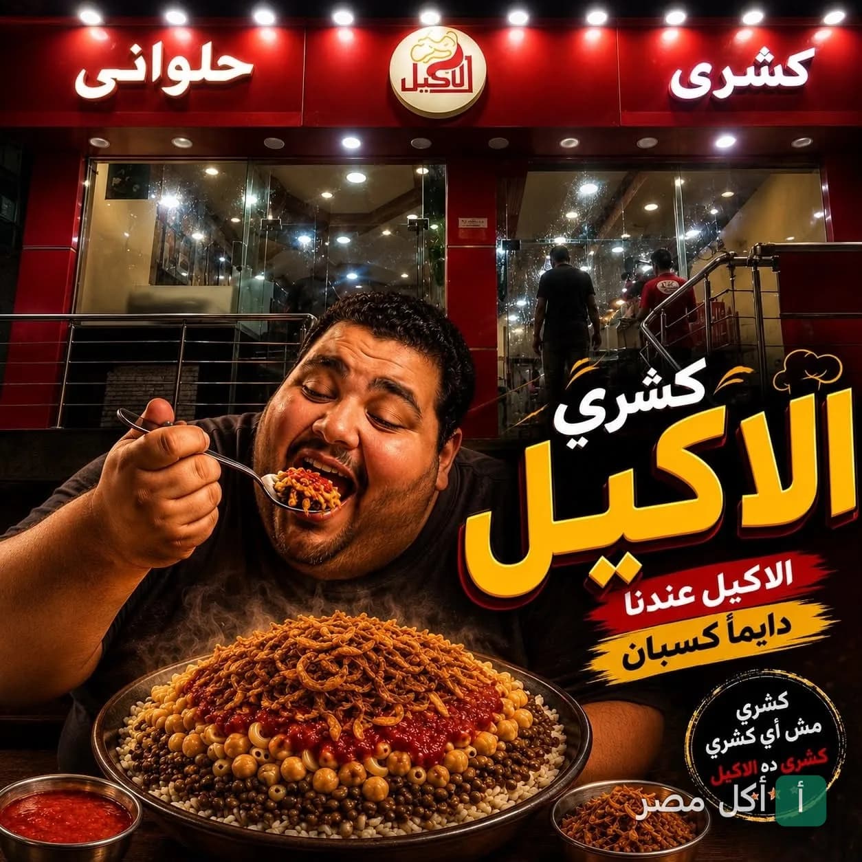 رجل يتناول طبق كشري كبير أمام واجهة مطعم كشري الأكيل في الحوامدية.