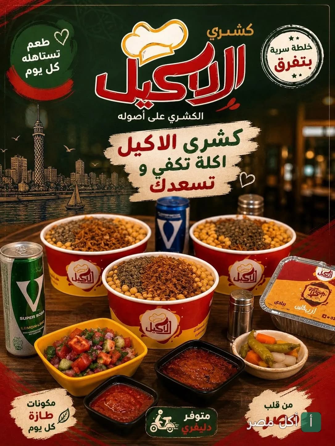 أطباق كشري متنوعة من مطعم كشري الأكيل في الحوامدية مع إضافات جانبية ومشروبات.