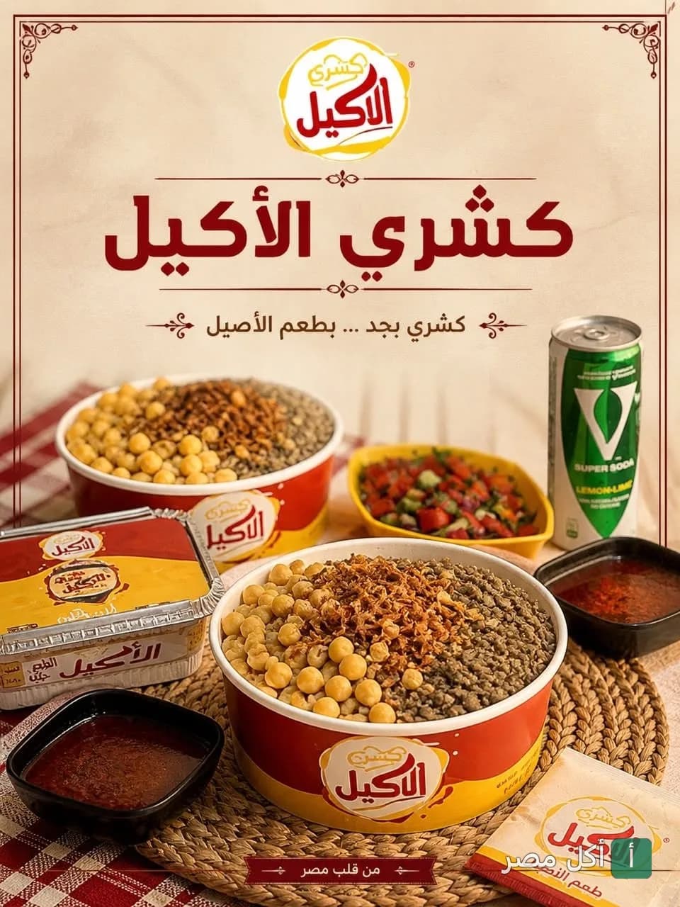 أطباق كشري الأكيل في الحوامدية مع الصلصة والمقبلات في عرض ترويجي.