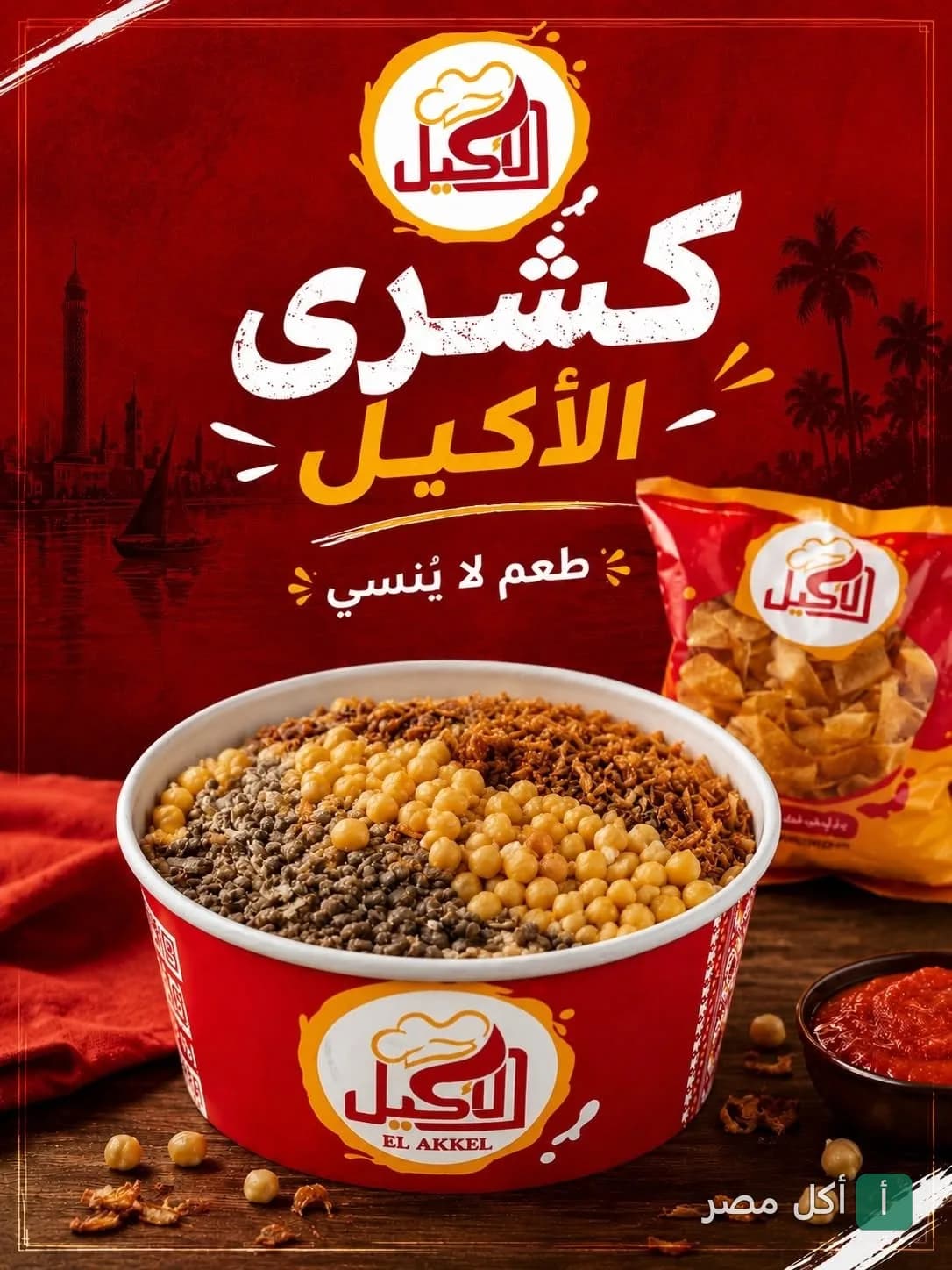 طبق كشري من مطعم كشري الأكيل في الحوامدية مع كيس عيش محمص وصلصة.