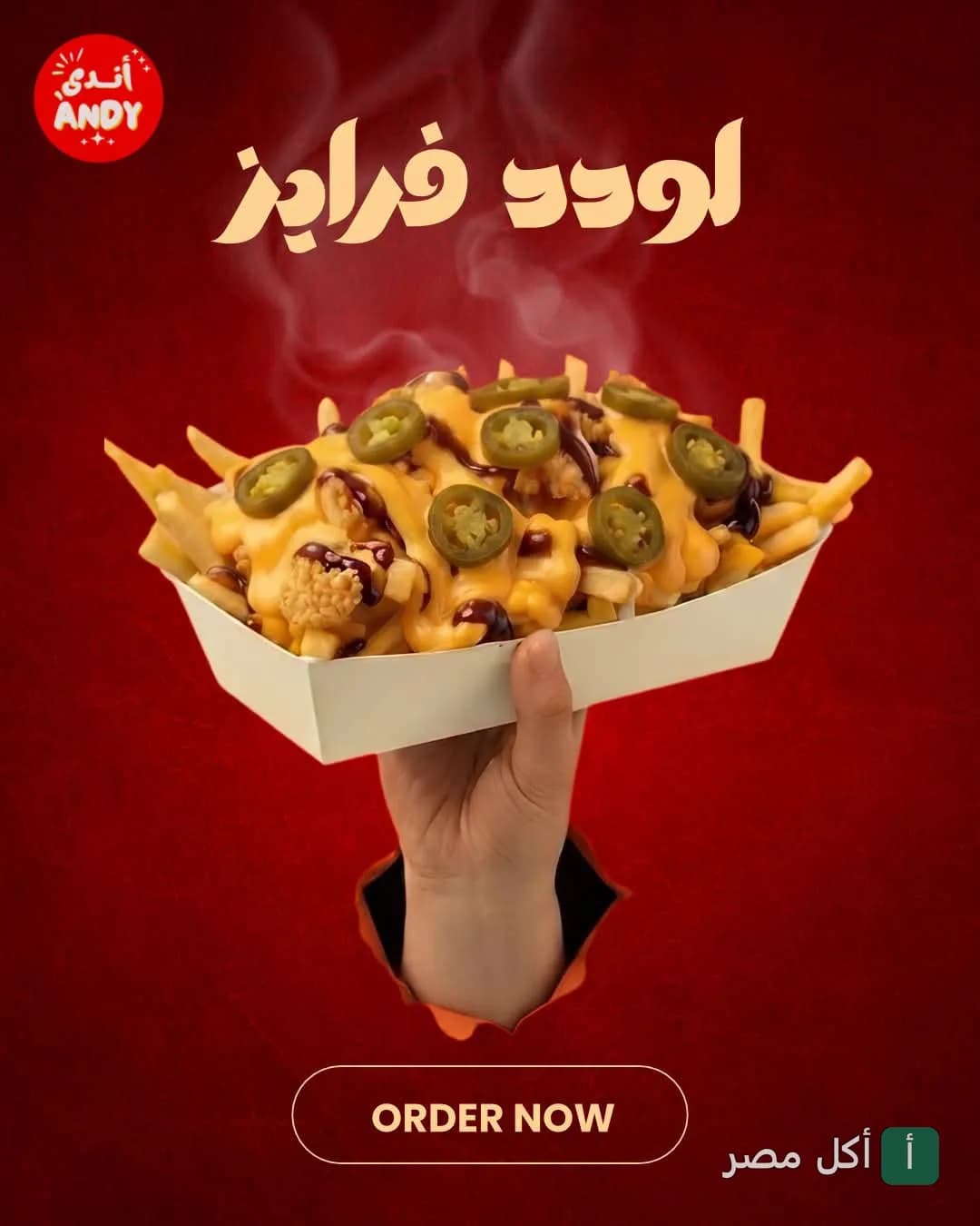 طبق لودد فرايز ساخن مغطى بالجبن والهلابينو من مطعم أندي في عابدين.