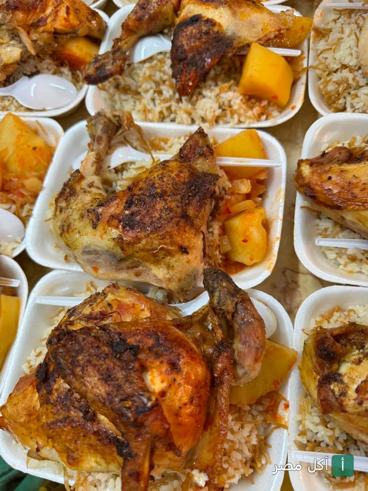 وجبات دجاج مشوي مع أرز وبطاطس في أطباق جاهزة من مطعم عم توفيق في عابدين