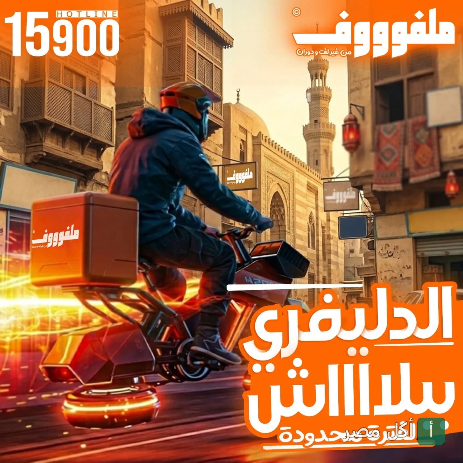 دليفري مطعم ملفوف في عابدين على دراجة نارية بتصميم مستقبلي في شارع تاريخي.