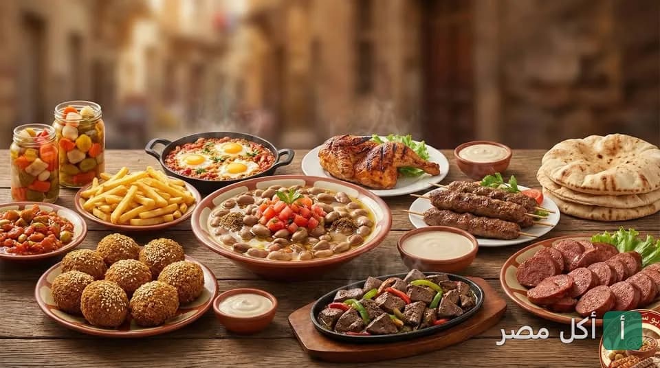 سفرة مليانة بأطباق مصرية متنوعة زي الفول والطعمية والمشويات في مطعم أبو سمرة بعابدين.