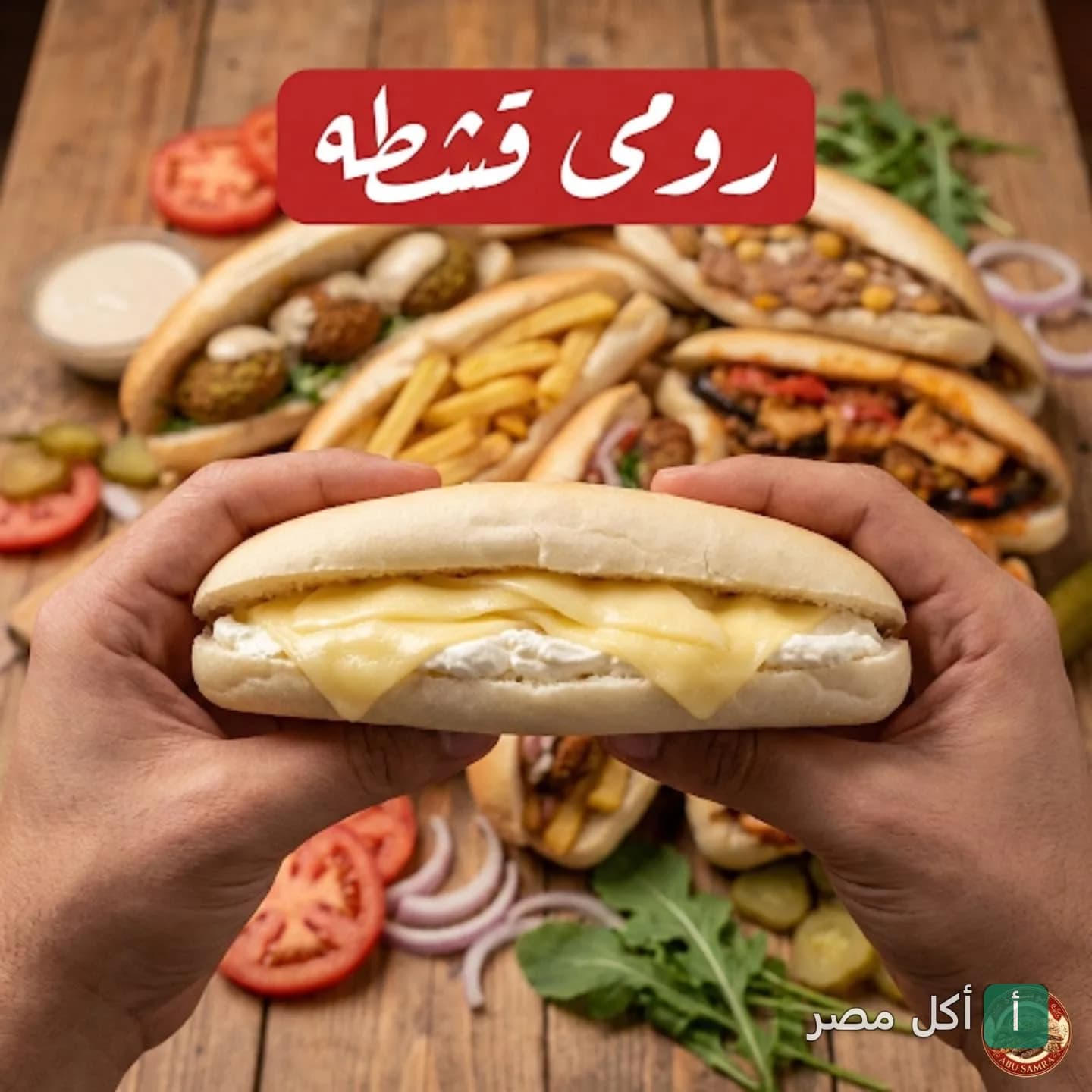 شخص يمسك ساندوتش رومي بالقشطة من مطعم أبو سمرة في عابدين، مع مجموعة متنوعة من الساندوتشات في الخلفية.