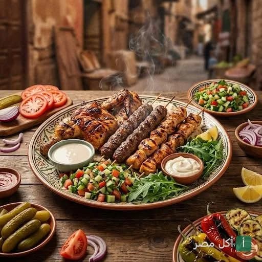 طبق مشويات مشكل من مطعم أبو سمرة في عابدين، يضم كباب وشيش طاووق ودجاج مشوي مع سلطة وطحينة.