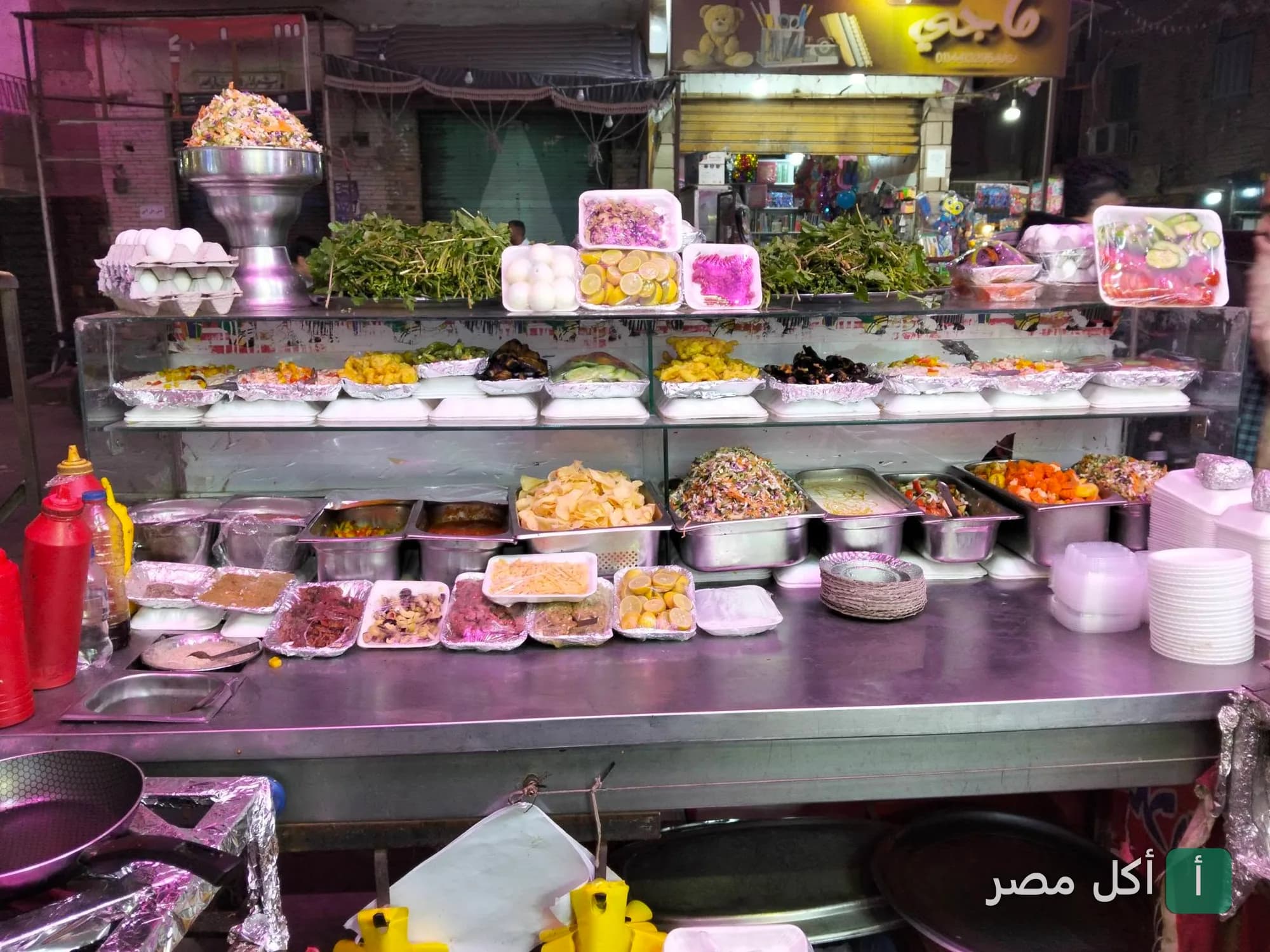 واجهة عرض طعام في مطعم الطيبين بعابدين تحتوي على مقبلات وسلطات متنوعة في أطباق بلاستيكية.