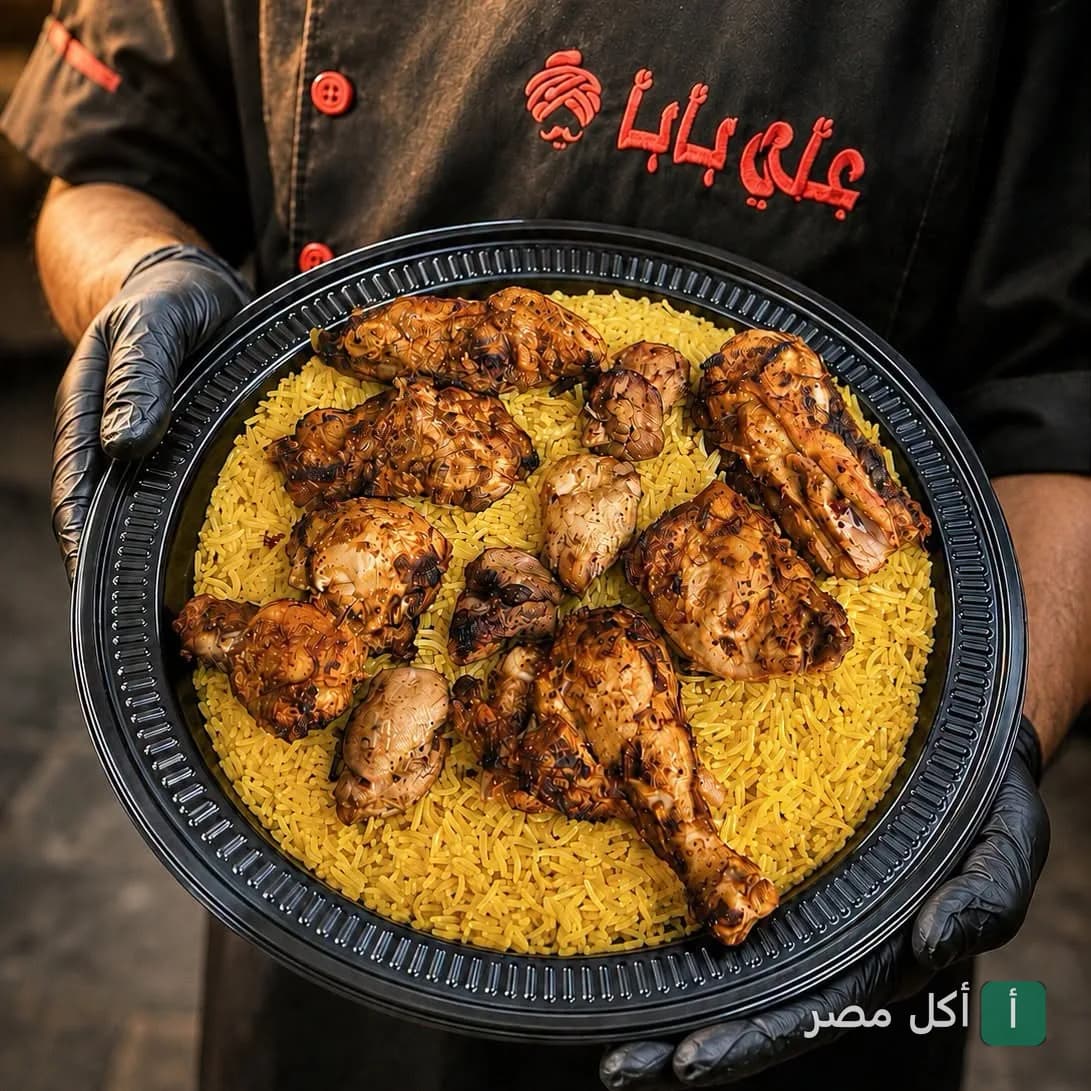 شيف في مطعم علي بابا بعابدين يقدم طبق أرز أصفر مع قطع دجاج مشوي.