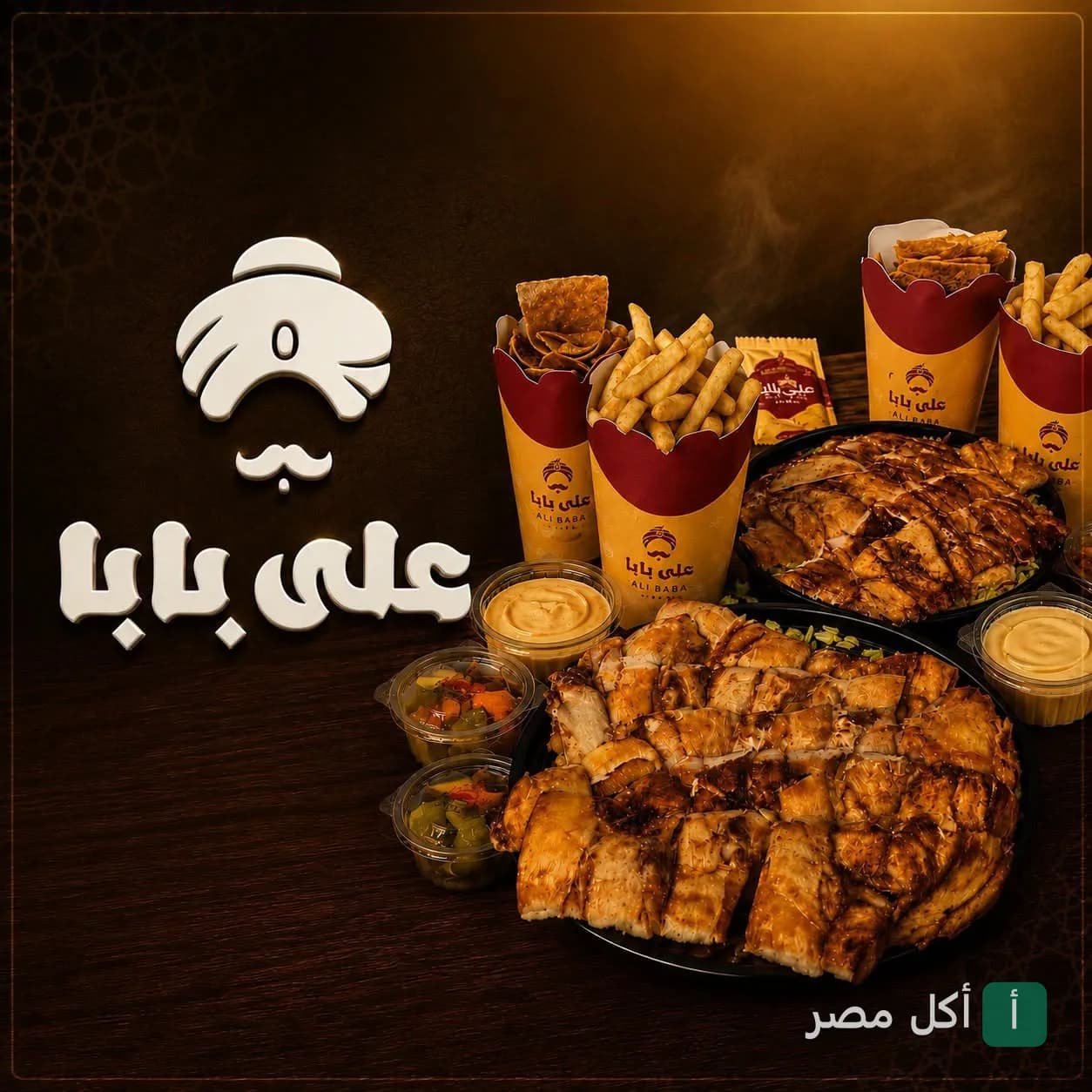 وجبات شاورما مع بطاطس مقلية ومقبلات من مطعم علي بابا في عابدين