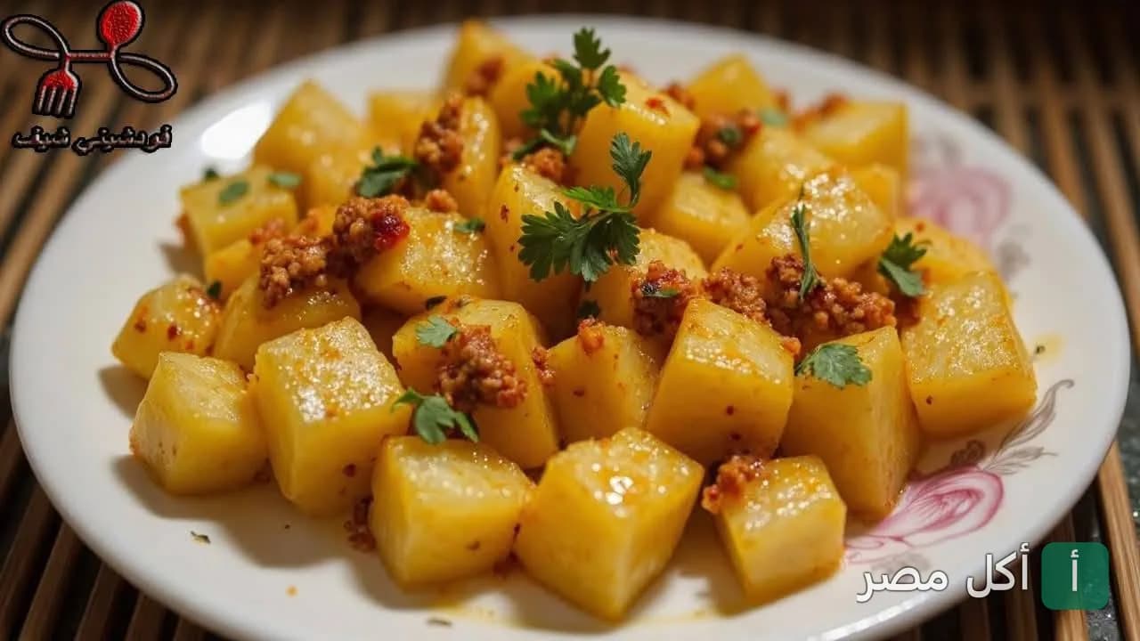طبق بطاطس مكعبات مطبوخة باللحمة المفرومة في مطعم فول ابو انس بعابدين