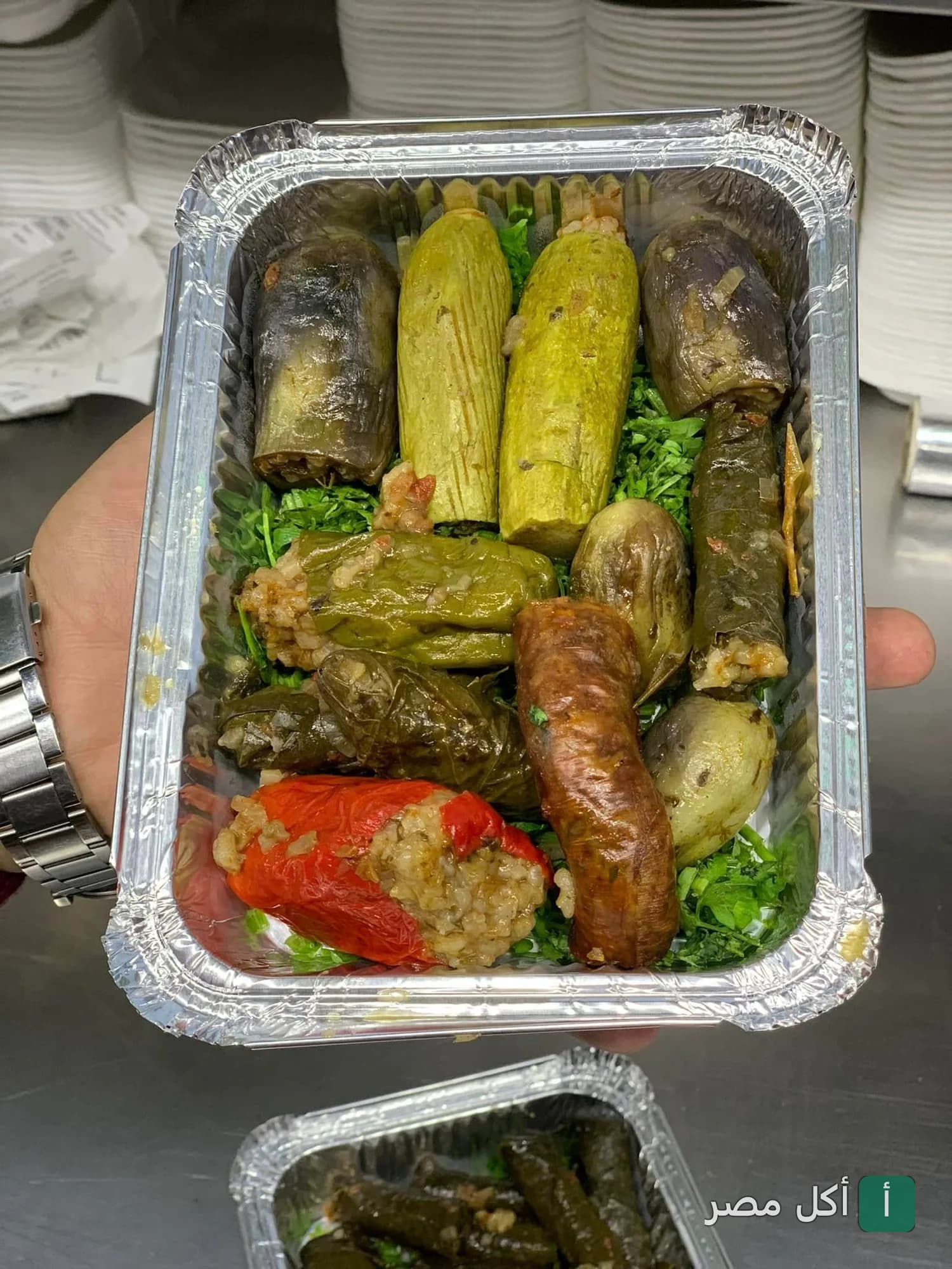 علبة محاشي مشكلة من مشويات الحرمين في عابدين تحتوي على باذنجان وكوسة وفلفل وورق عنب وممبار.