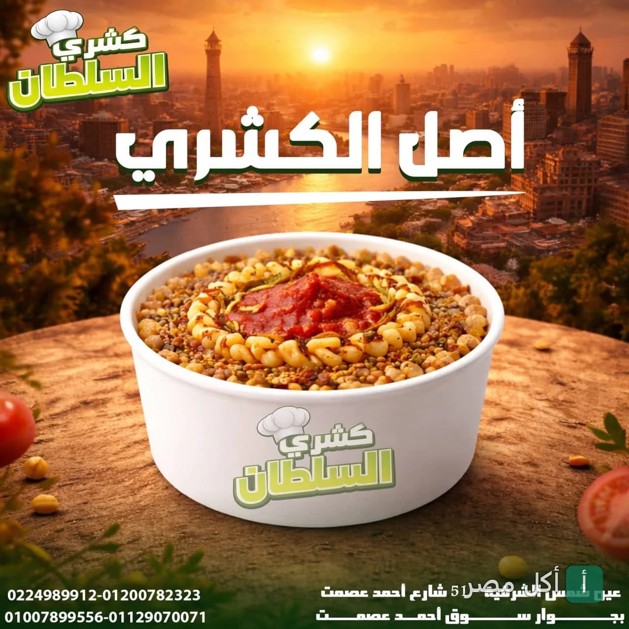 طبق كشري السلطان في عين شمس مع خلفية لمدينة القاهرة وقت الغروب
