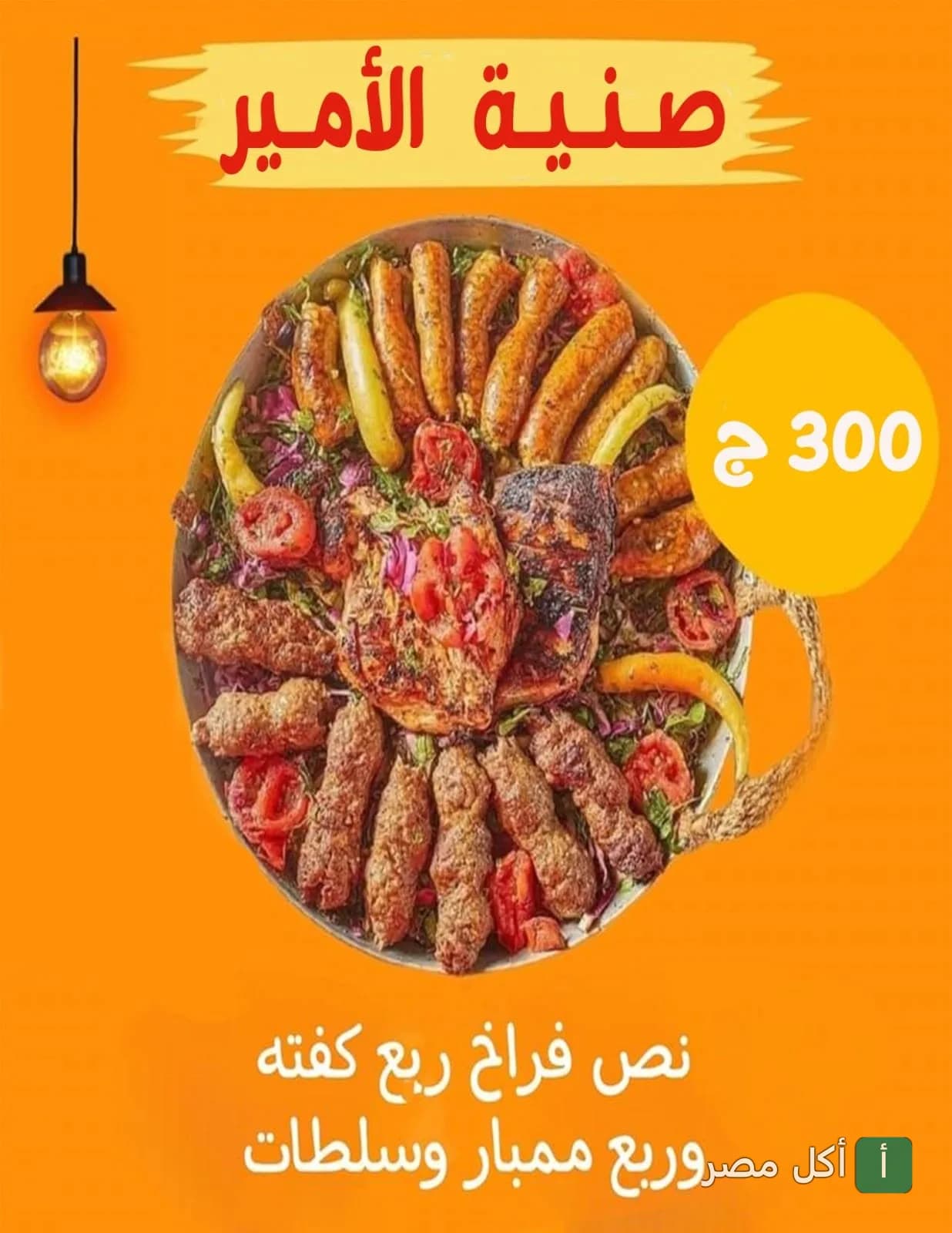 صينية الأمير من مطعم أمير حلب في عين شمس، تحتوي على مشويات متنوعة من الفراخ والكفتة والممبار.