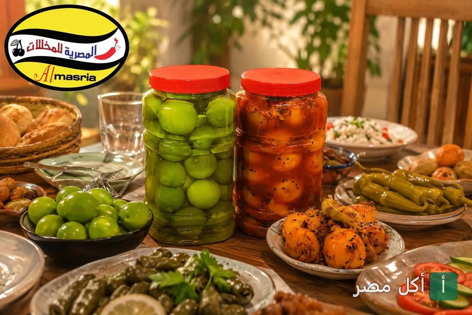 برطمانات مخلل مشكل متنوعة على مائدة طعام في المصرية للمخللات بعين شمس.