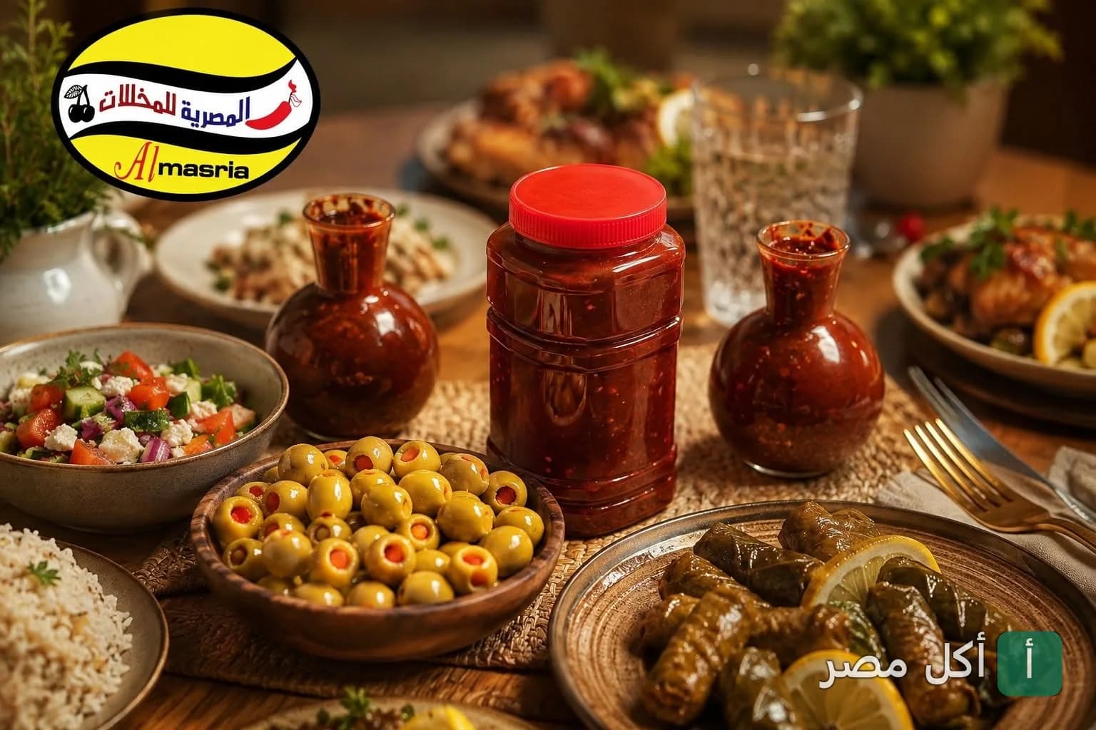 مائدة طعام متنوعة تضم أطباق المخللات والزيتون من المصرية للمخللات في عين شمس