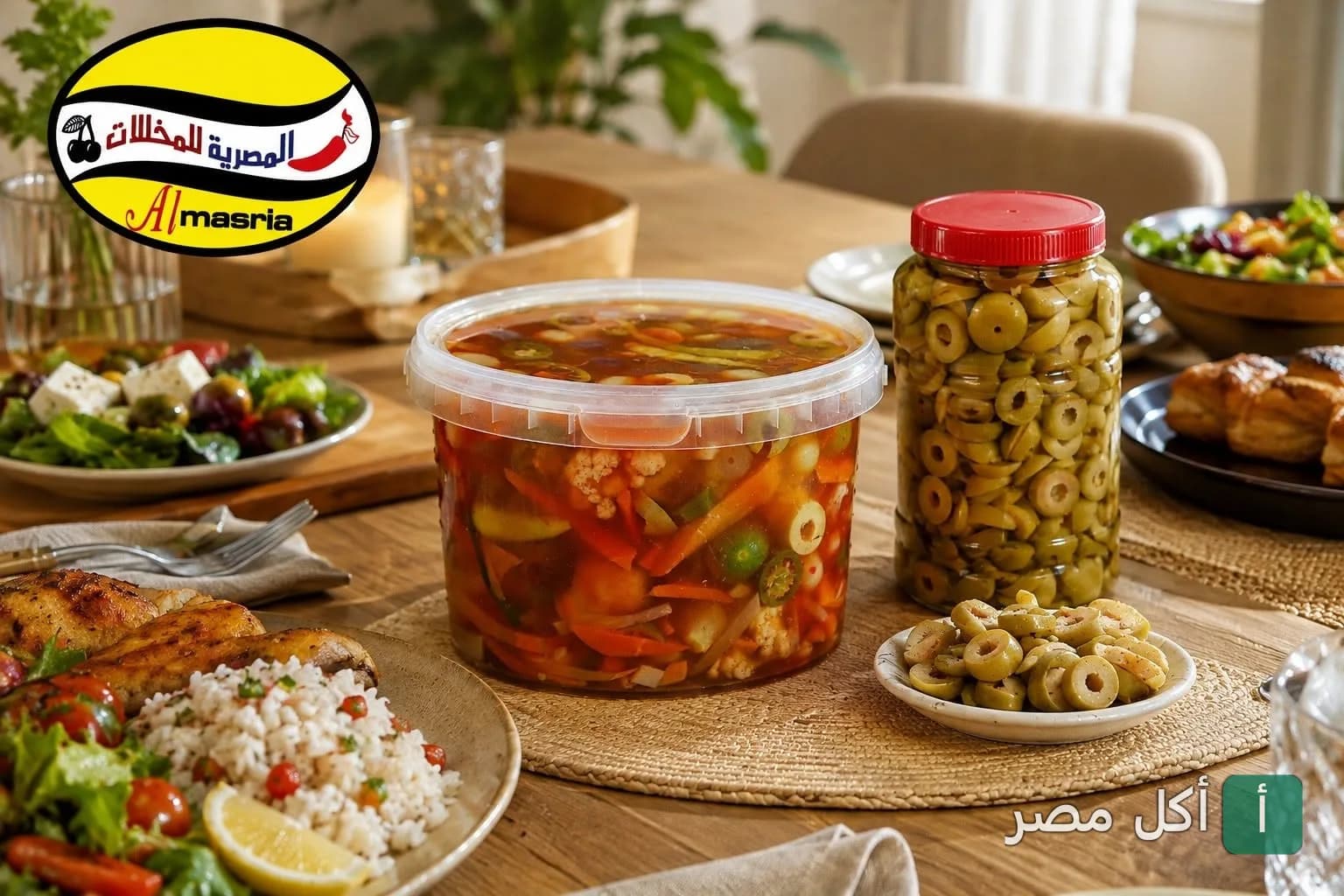 علب مخلل مشكل وزيتون أخضر من المصرية للمخللات في عين شمس على مائدة طعام.