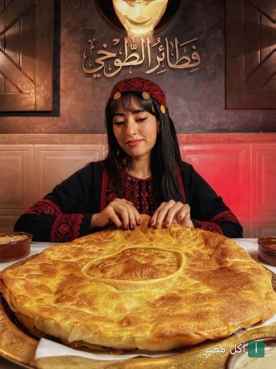 فتاة ترتدي زيًا تراثيًا تحضر فطيرة شرقية كبيرة في مطعم الطوخي بعين شمس.