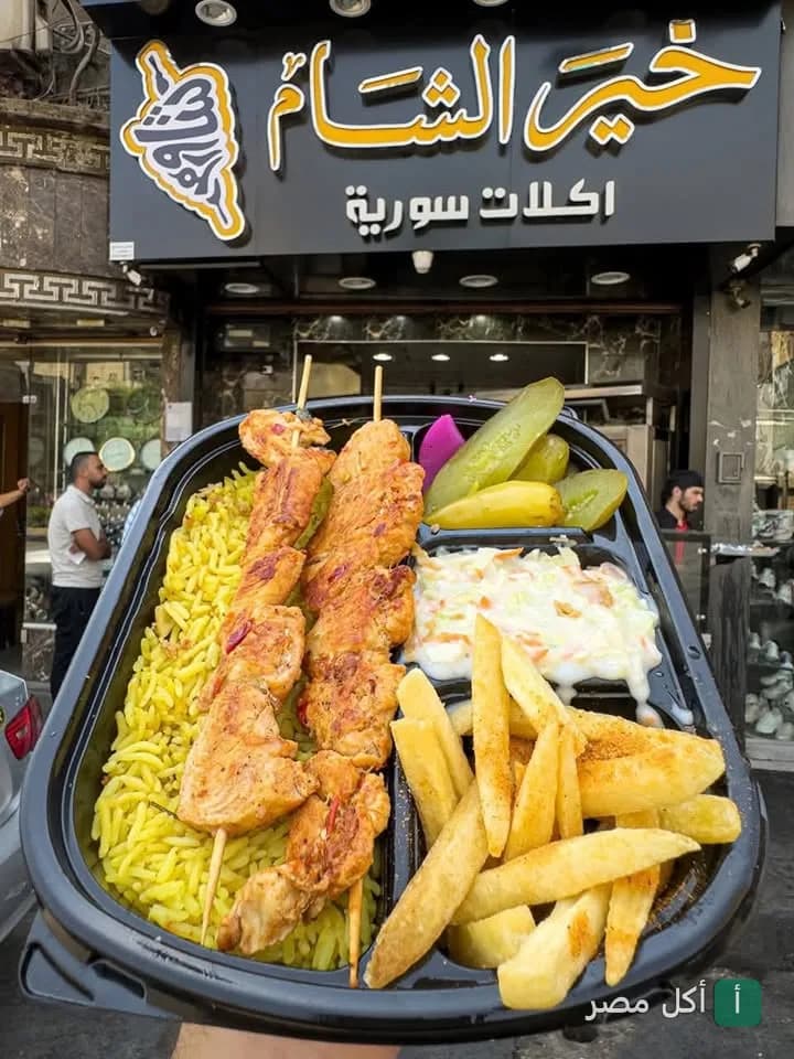 وجبة شيش طاووق مع أرز أصفر وبطاطس مقلية وسلطة كول سلو من مطعم خير الشام في عين شمس