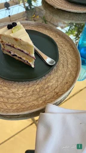قطعة كيك بطبقات التوت والكريمة على طبق أسود في مطعم جرانيتا بالأزهر.