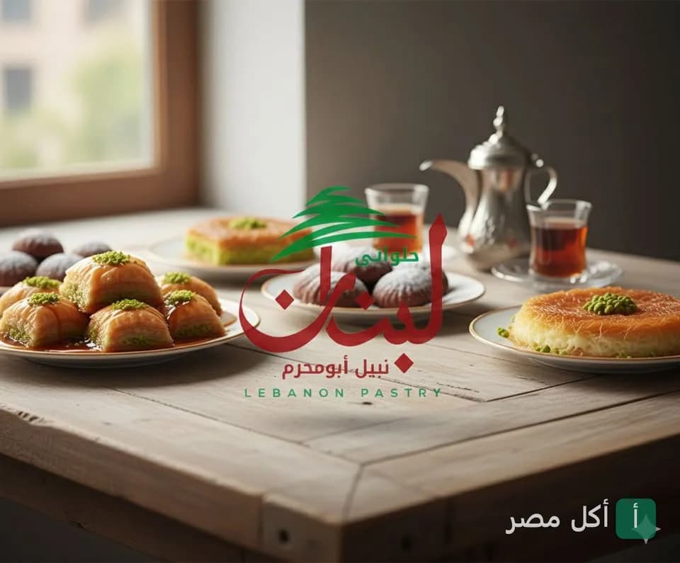 صورة غلاف لمطعم لبنان تعرض تشكيلة من الحلويات الشرقية مثل البقلاوة والكنافة مع أكواب شاي على طاولة خشبية.