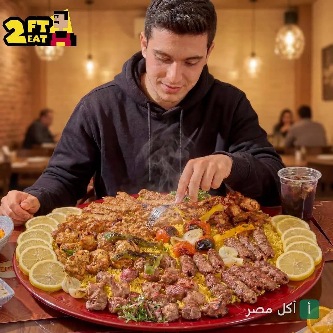 شاب يتناول طبق مشويات مصري كبير متنوع مع الأرز في مطعم 2FT2Eat بالخليفة.