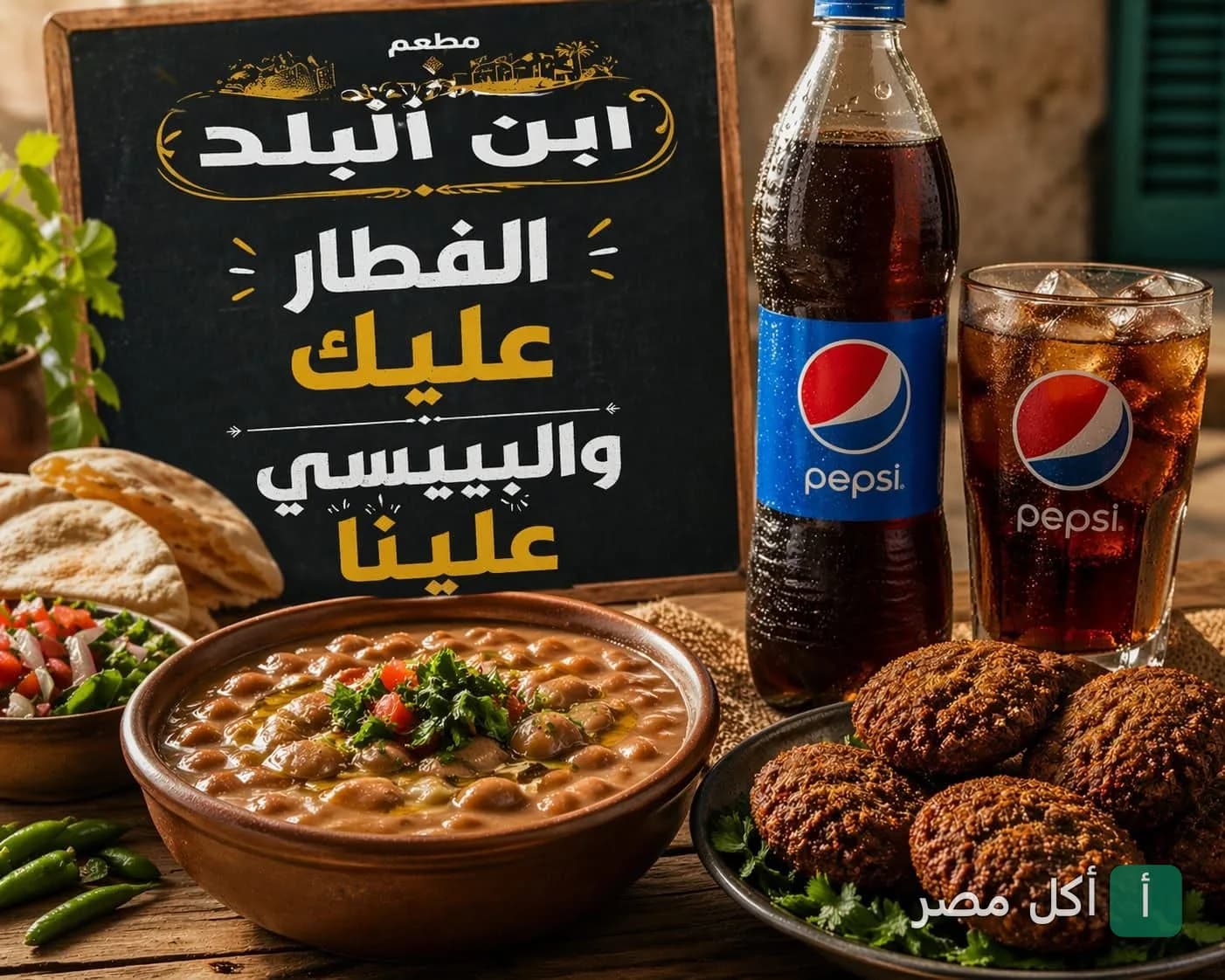 طبق فول وطعمية مع زجاجة بيبسي في مطعم ابن البلد بالخليفة.