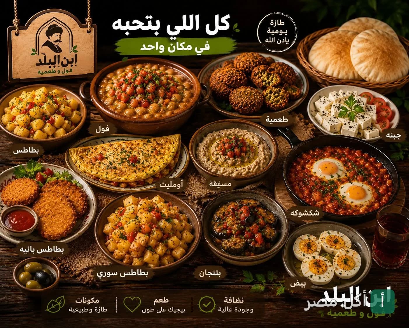 سفرة فطور مصري متنوعة من مطعم ابن البلد تضم الفول، الطعمية، الشكشوكة، والبطاطس.