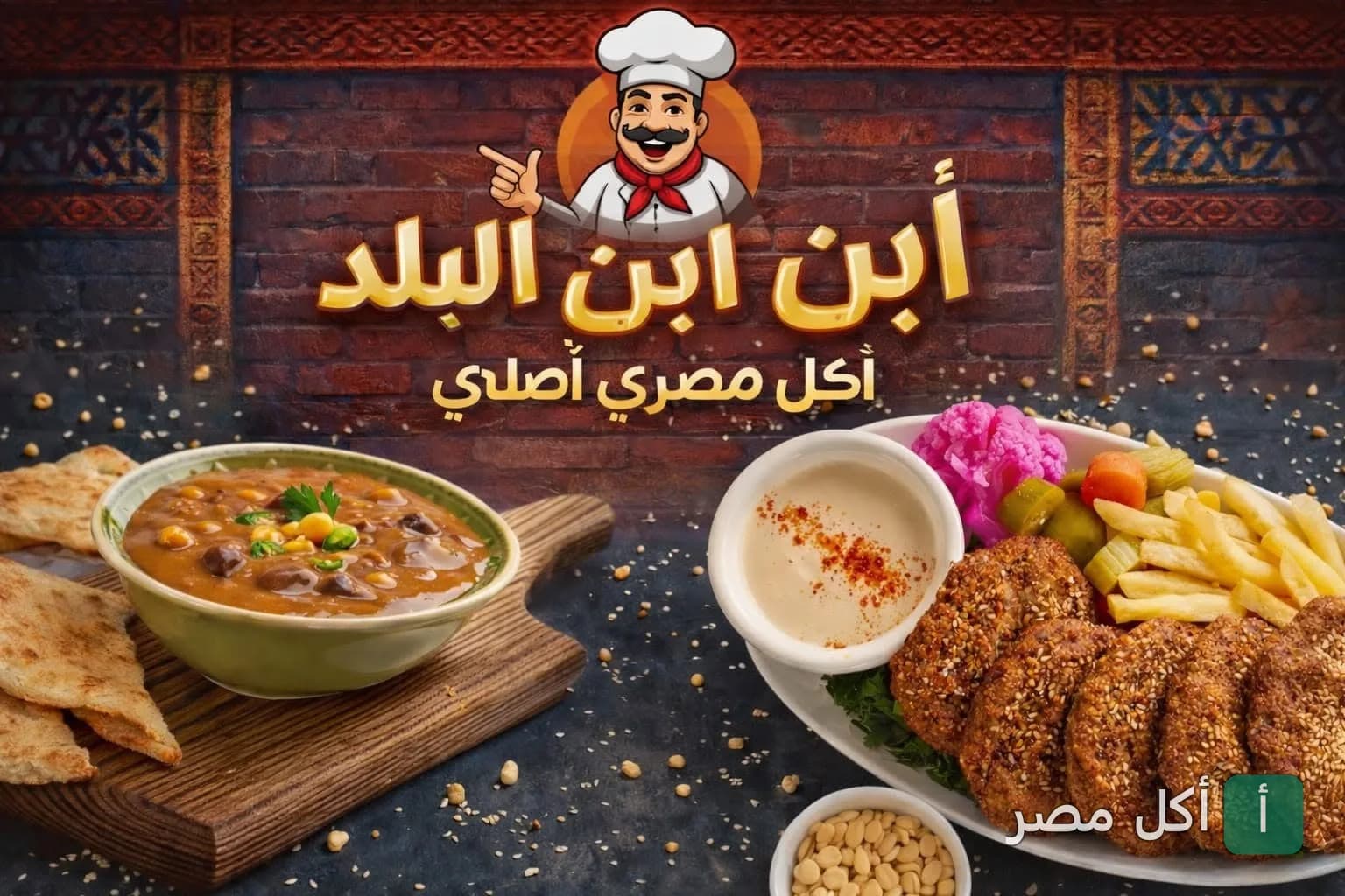 طبق فول وطعمية مع المخلل والبطاطس من مطاعم ابن البلد في الخليفة.
