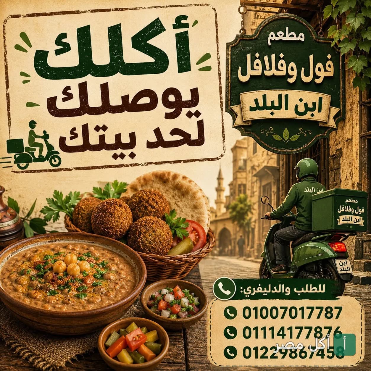 إعلان ترويجي لخدمة توصيل مطعم فول وفلافل ابن البلد في الخليفة، يظهر طبق فول وطعمية مع عامل توصيل.