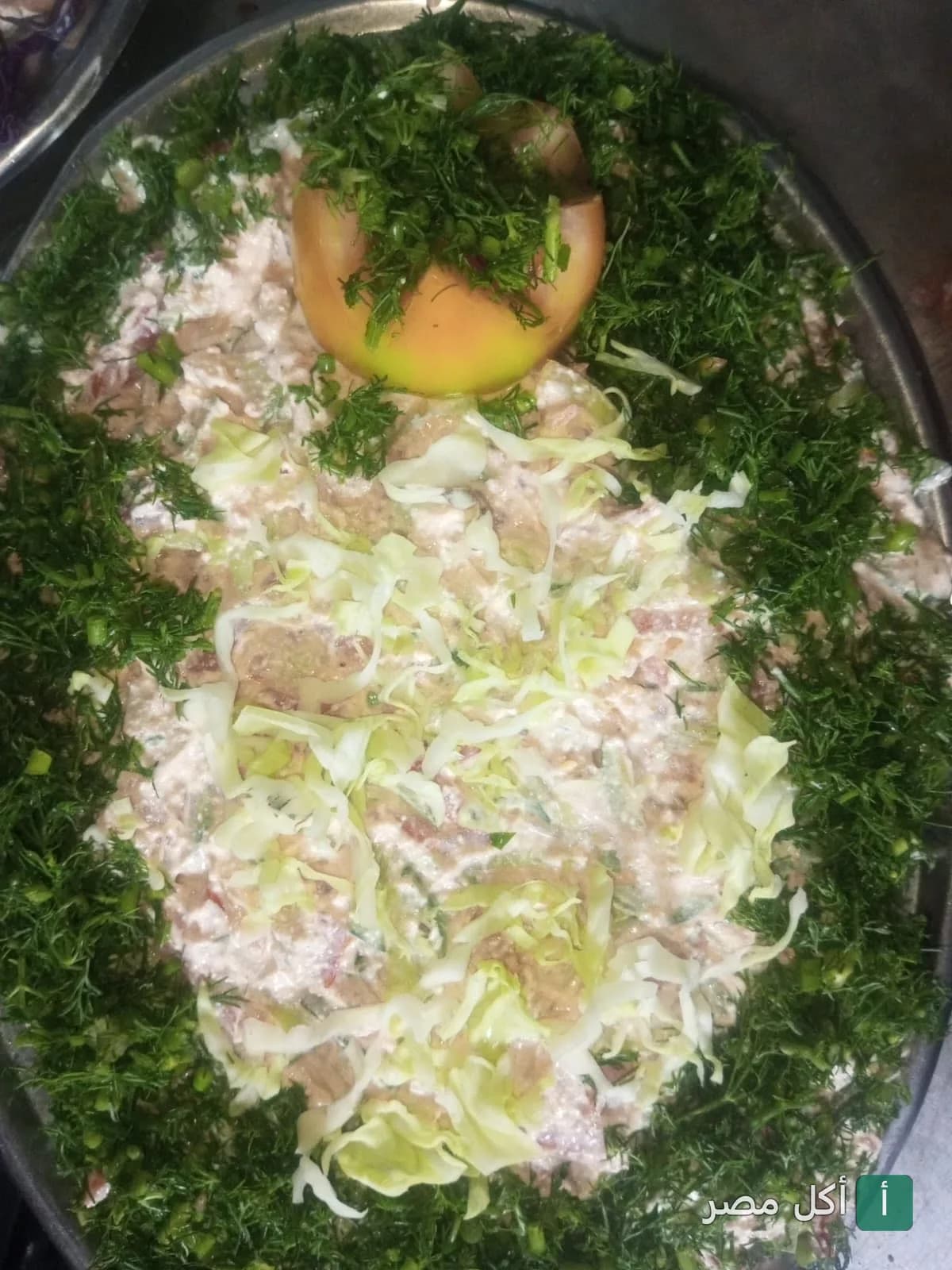 طبق سلطة كريمي مزين بالشبت والكرنب المقطع في مطعم الملك بالخليفة.