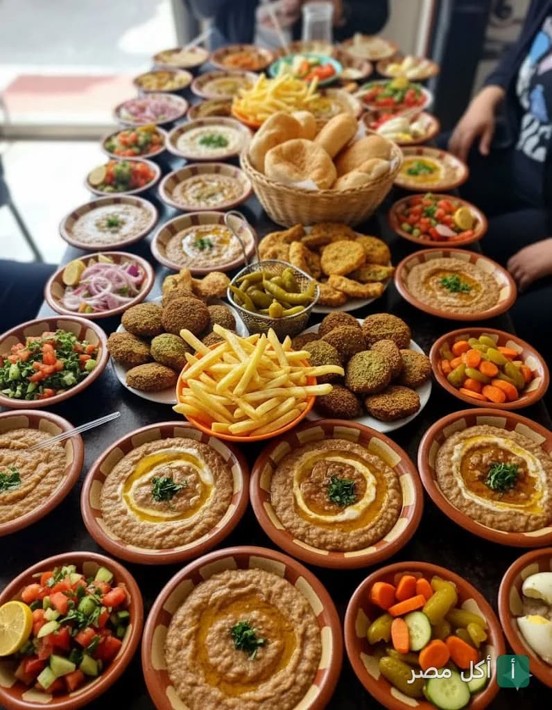 سفرة فطور مصري متنوعة مليئة بأطباق الفول والطعمية والمخللات والبطاطس في مطعم فول نور بمدينة 6 أكتوبر.