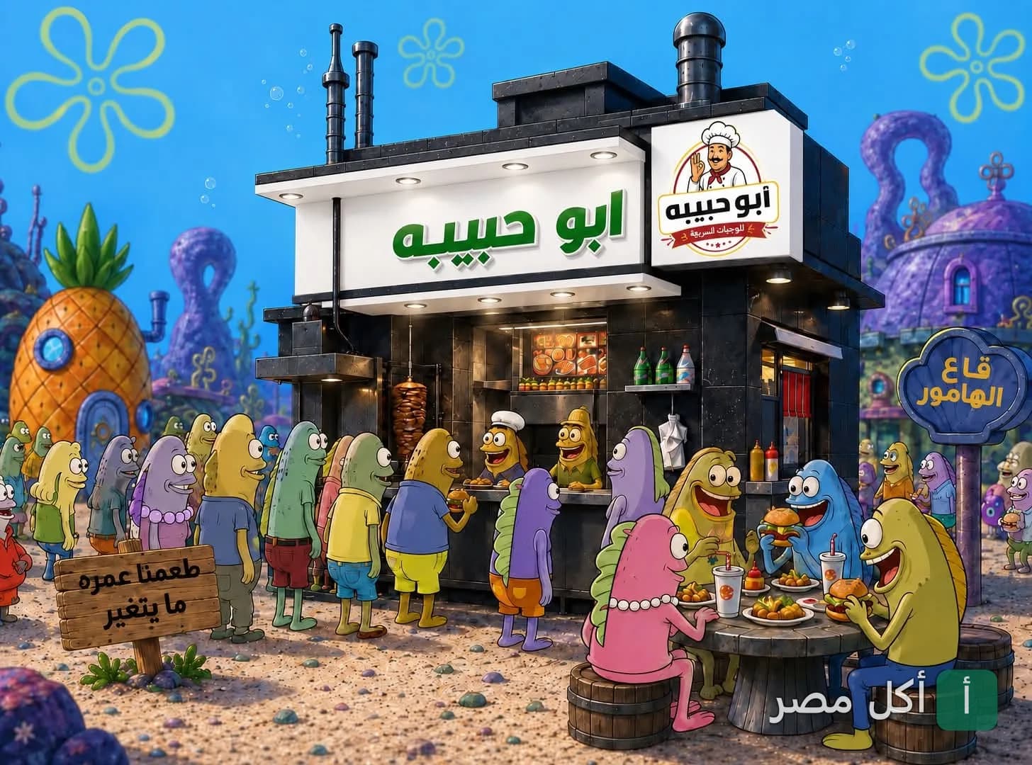 صورة كرتونية لكافتيريا أبو حبيبة في أطفيح مستوحاة من عالم سبونج بوب مع زبائن من الأسماك.