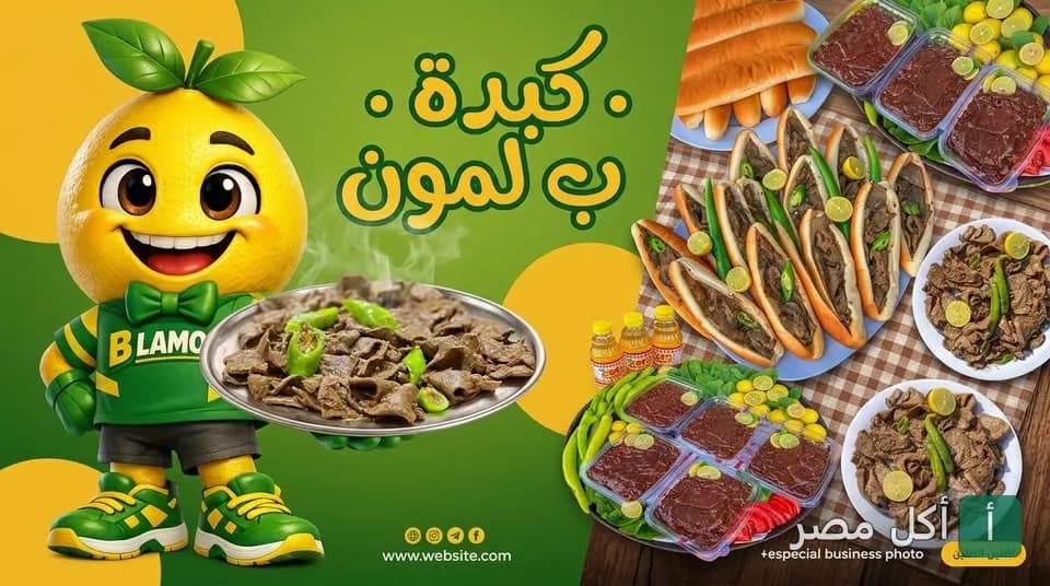 صورة غلاف مطعم كبدة ب لمون في بولاق الدكرور، تظهر شخصية كرتونية لليمونة تقدم طبق كبدة مع سندوتشات كبدة متنوعة.